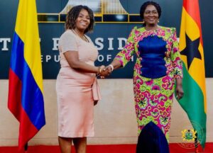 Colombia Vice President Francia Elena Márquez Mina and her host, Ghana Vice President Jane Naana Opoku-Agyemang during their recent engagement in Accra. Photo courtesy: Ghana Presidency